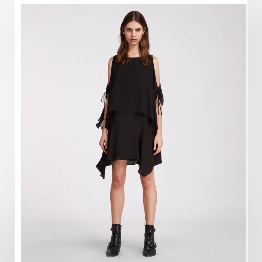 All Saints Ella Sheer Women’s Black Dress Size Small Asymmetrical Cold Shoulder